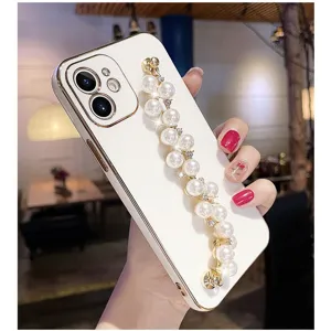 Elegant white electroplated phone case featuring a luxurious pearl bracelet strap for women.