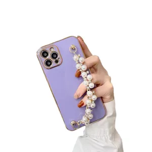 Purple electroplated phone case with elegant pearl chain strap for iPhone models, stylish accessory.