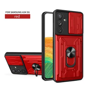 Funda roja para Samsung A34 5G con cubierta de cámara deslizante y soporte de anillo resistente.
