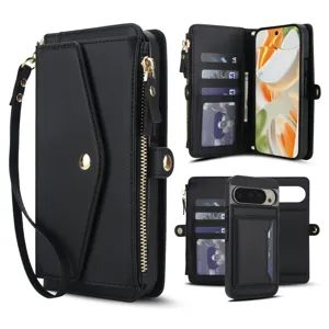 Business wallet leather case for Google Pixel with card slots, zipper pocket and wrist strap.