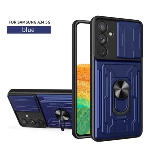 Funda de proteccion compatible para Samsung A34 5G con cubierta de camara anillo soporte azul.