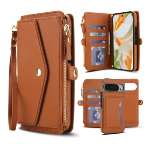 Detachable leather wallet phone case with card slots and zipper pocket for Google Pixel.
