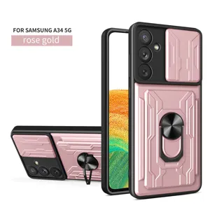 Funda de teléfono robusta para Samsung A34 5G con soporte de anillo y cubierta de cámara en oro rosa.