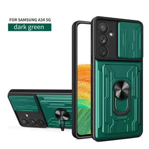 Funda protectora verde oscuro resistente con cubierta de cámara y soporte de anillo Samsung.