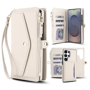 Beige leather wallet phone case with card slots, zipper pocket and detachable back cover.