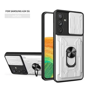 Funda de teléfono blanca resistente para Samsung A34 5G con cubierta de cámara y soporte de anillo.