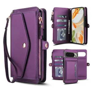 Detachable leather wallet phone case with card slots and zipper pocket for Google Pixel