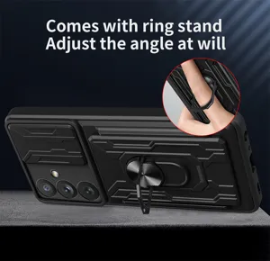 Fundas de teléfono resistente con cubierta deslizante para cámara y soporte de anillo para Samsung.