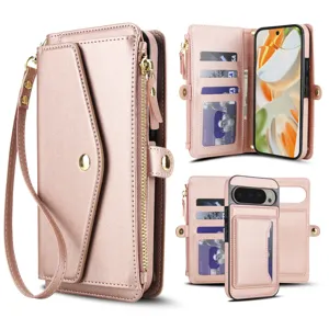 Business TPU PU Leather Wallet Phone Case With Detachable Magnetic Back Cover Card Slots Zipper Pocket Crossbody Lanyard Strap Kickstand For Google Pixel