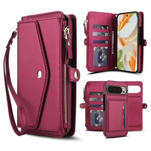 Detachable leather wallet phone case with card slots, zipper pocket, and wrist strap.