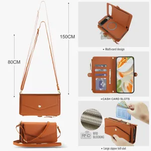 Business leather wallet phone case with adjustable strap, card slots, and RFID blocking.