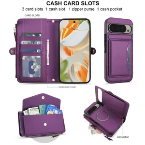 Purple leather wallet phone case with card slots, zipper coin pocket and magnetic closure.
