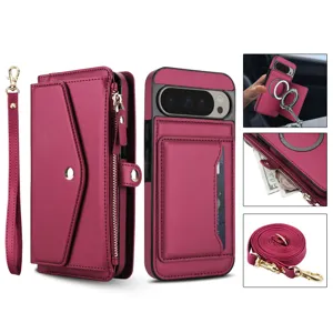 Wallet phone case with card slots zipper pocket wrist strap compatible with Google Pixel 8 9