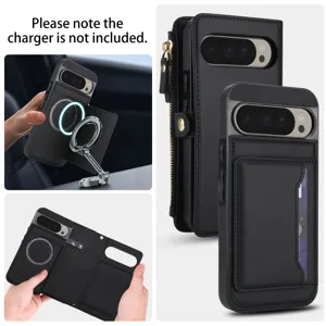 Black leather wallet phone case for Google Pixel 9 Pro with card slots and zipper pocket.