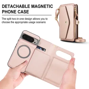 Detailed view of the detachable magnetic wallet phone case with card slots and wrist strap.