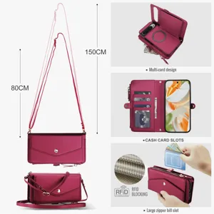 Multifunctional phone wallet case with adjustable long strap, card slots and RFID blocking.