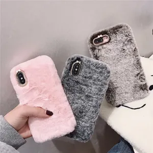Cute Soft Plush Phone Case Protective Solid Color Back Cover Warm Fuzzy Phone Skin Rhinestone Camera Frame Bowknot Accents Shell