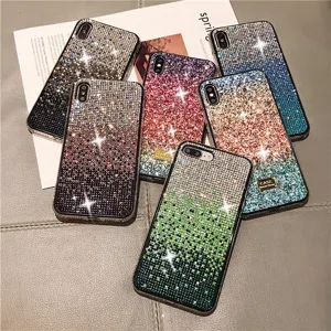 Detailed view of luxury bling rhinestone gradient phone case, sparkling crystal diamond cover.