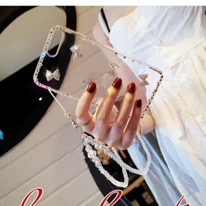 Clear rhinestone bow phone case with elegant beaded strap luxury protective cover for iPhone
