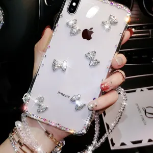Cover trasparente in silicone con fiocco di strass per iPhone, custodia brillante.