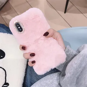Pink fluffy plush phone case with rhinestone camera protection for iPhone 14 15 17 soft cover