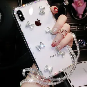 Custodia per telefono trasparente con fiocco di diamanti e catena per iPhone, cover brillante.