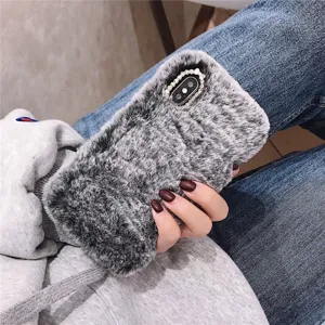 Plush phone case for iPhone, fluffy winter protective soft back cover with sparkling rhinestones.