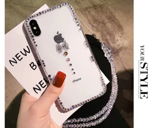Clear rhinestone phone case with bow and lanyard for iPhone, luxury bling crystal protective cover.