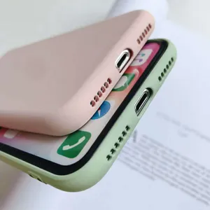 Liquid silicone phone case detail showcasing precise bottom cutouts and soft colors.