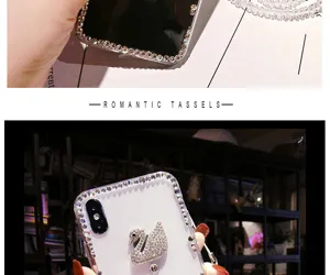 Clear rhinestone phone case detail showing crystal swan decoration and sparkling edges.