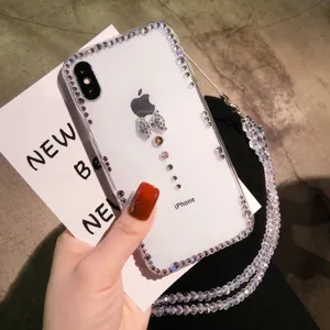 Clear rhinestone bow phone case with crystal beaded lanyard luxury bling protective cover