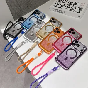 Custodia per telefono magnetica glitterata con cordino, dettaglio e protezione chic.