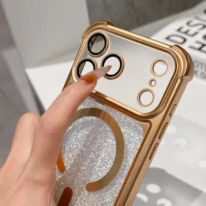 Dettaglio custodia per telefono magnetica glitterata con cornice dorata e protezione.