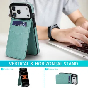 Leren flip telefoonhoesje met kaartsleuf en handige standaard voor iPhone modellen.