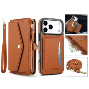 Custodia a portafoglio in pelle marrone con porta carte, tasca con zip e supporto MagSafe.