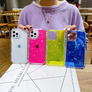 Detailed view of colorful glitter phone cases compatible with iPhone models, shiny sparkling design.