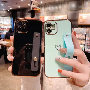 Electroplated Heart Phone Case With Wristband Stand Holder Silicone Shockproof Back Cover Protection For iPhone Series