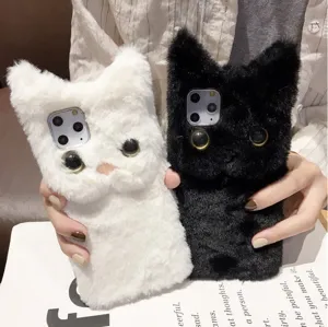 Cute fluffy cat plush phone case detail showing soft texture, detailed ear design, and camera hole.