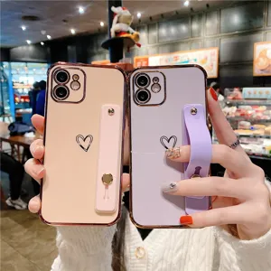 Electroplated heart phone case with wristband stand for Apple iPhone, stylish protective back cover