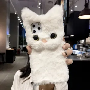 Cute plush cat phone case for iPhone, soft fluffy animal protective back cover winter style