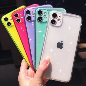Glitter TPU phone case detail shot, candy colors, flexible full protection cover for iPhone.