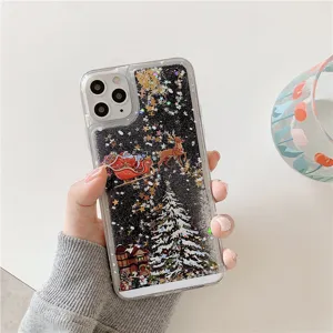 Christmas theme liquid glitter phone case with Santa Claus and reindeer design for iPhone.