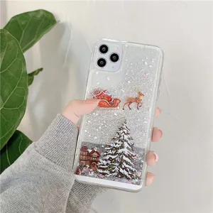 Clear Christmas quicksand iPhone case with cute Santa and tree glitter design protective cover.