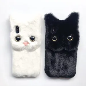 Cute fluffy cat phone case details, plush texture and 3D big eyes design for smartphone.