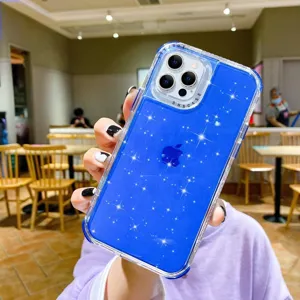 Blue glitter iPhone case detail showing sparkling finish and precise camera protection.