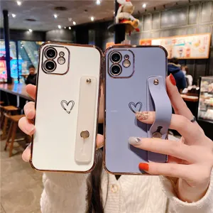 Electroplated heart strap phone case for Apple iPhone, stylish protective cover with kickstand.