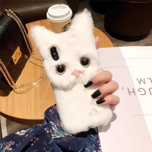 Fluffy white cat phone case detail shot, soft plush material with cute 3D eyes and precise cutouts.