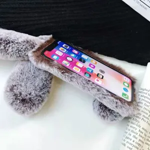 Schattige pluche konijn telefoonhoesje harige warme hoes fluffy winterhoes voor iPhone