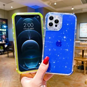 Detailed view of sparkly glitter iPhone case with transparent protective bumper.