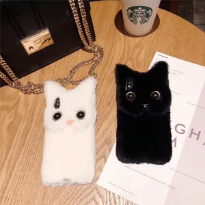 Cute plush cat phone case fluffy furry protective cover for iPhone 15 14 13 12 Pro Max XR 8 Plus
